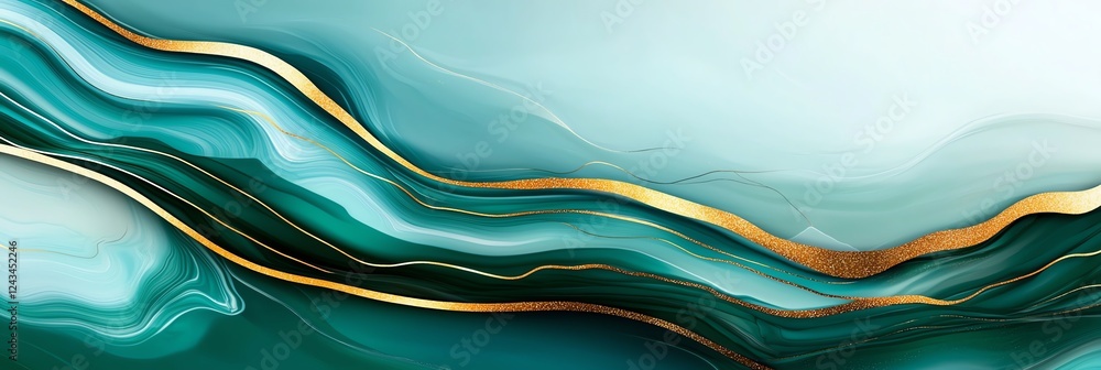 Poster a captivating abstract design featuring flowing waves in hues of teal and gold. ideal for background