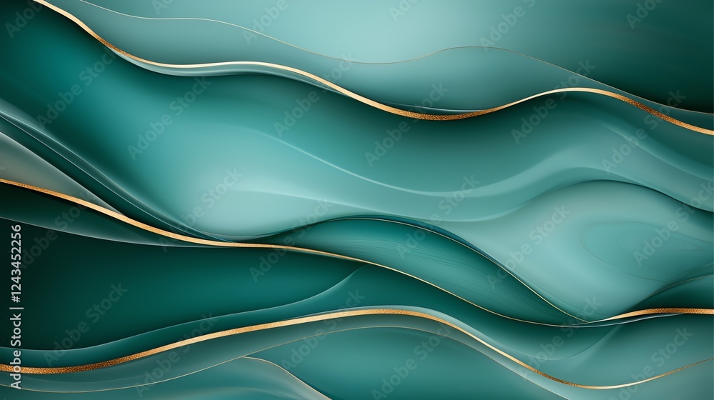 Poster a captivating abstract design featuring flowing waves in calming teal tones, accented with elegant g