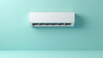 Sleek air conditioner unit on pastel blue background, modern cooling