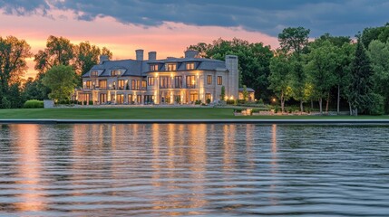 Evening view of a lakefront property with warm glowing lights and a serene reflection on the water