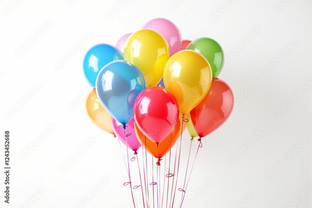 Poster bright and colorful helium balloons tied with strings floating against a clean white background. fes