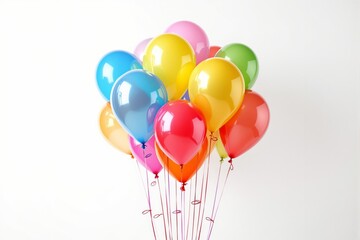 Bright and colorful helium balloons tied with strings floating against a clean white background. Festive and cheerful concept for celebrations and parties. Ai generative