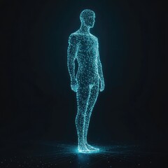 a technical wireframe render of a full human body,facing the camera, on black Background