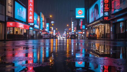 Futuristic neon city street at night in the rain with colorful reflections and vibrant urban atmosphere