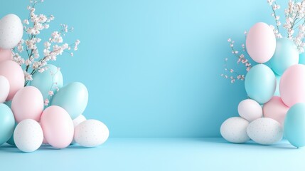 Pastel Easter eggs & blossoms; spring banner
