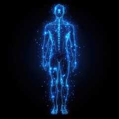 a technical wireframe render of a full human body,facing the camera, on black Background