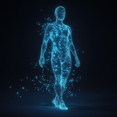 a technical wireframe render of a full human body,facing the camera, on black Background
