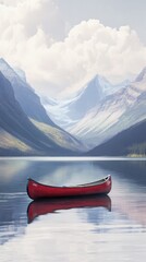 Red canoe floating on a tranquil mountain lake