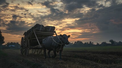A buffalo pulls a wooden cart loaded with sacks along a dirt path at sunset, with dramatic clouds and a rural landscape in the background.