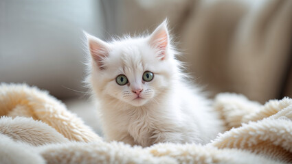 Adorable White Kitten with Green Eyes Resting on a Soft Fluffy Blanket