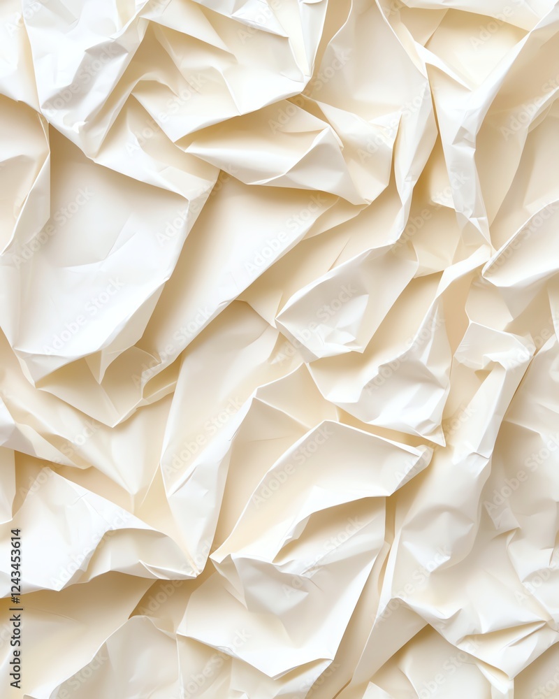 Poster a close-up of crumpled white paper, showcasing intricate textures and folds that create a unique vis