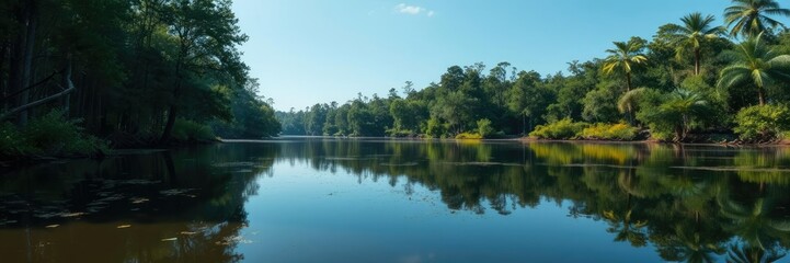 Fototapeta premium The serene surface of a still swampy lake surrounded by towering trees and lush greenery, nature, lake, vegetation