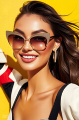Fototapeta premium woman sunglasses young girl yellow attractive fashion beautiful lifestyle glamour trendy on yellow background