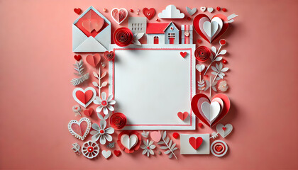 Valentine's Day frame - Greeting Card, paper craft style with copy space. .