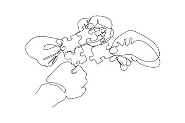 Continuous single line hand holding jigsaw puzzle business teamwork problem solving sketch drawing one line vector illustration