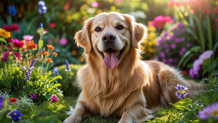 Golden Retriever Relaxing in a Beautiful Flower Garden on a Sunny Day