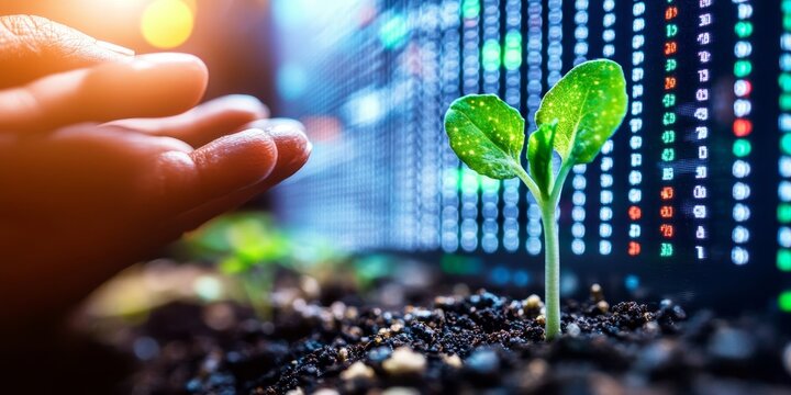 Gently Cradling Growth Hand Holds Young Plant Against a Bright Stock Market Data Screen