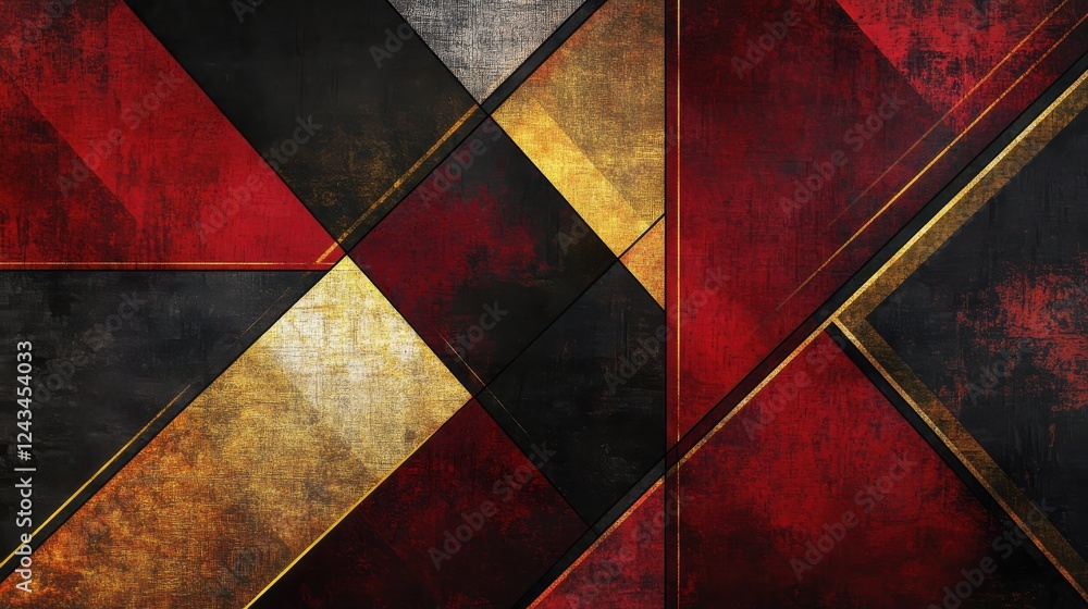 Poster Intricate abstract geometric composition with layered red, black, and gold elements creating dynamic visual balance