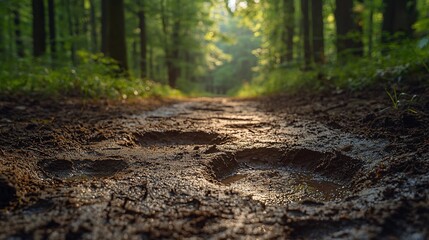 Muddy path through sunlit forest; nature background