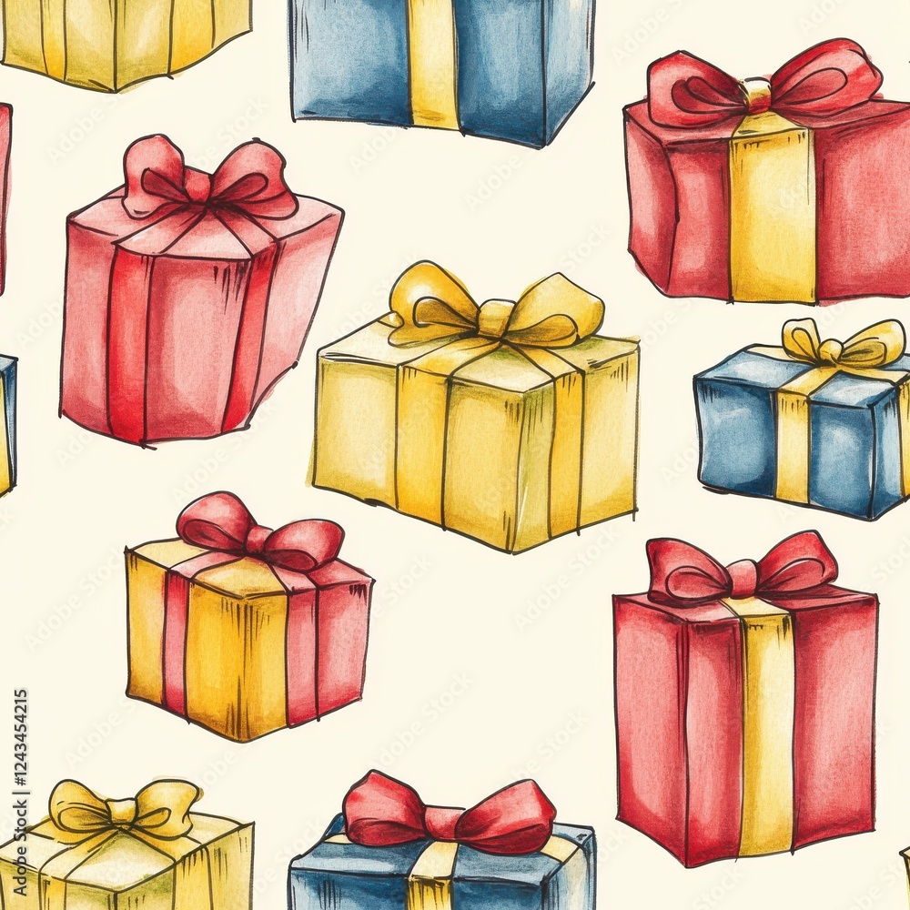 Poster colorful watercolor doodles of whimsical gift boxes in various shapes and sizes on a soft background