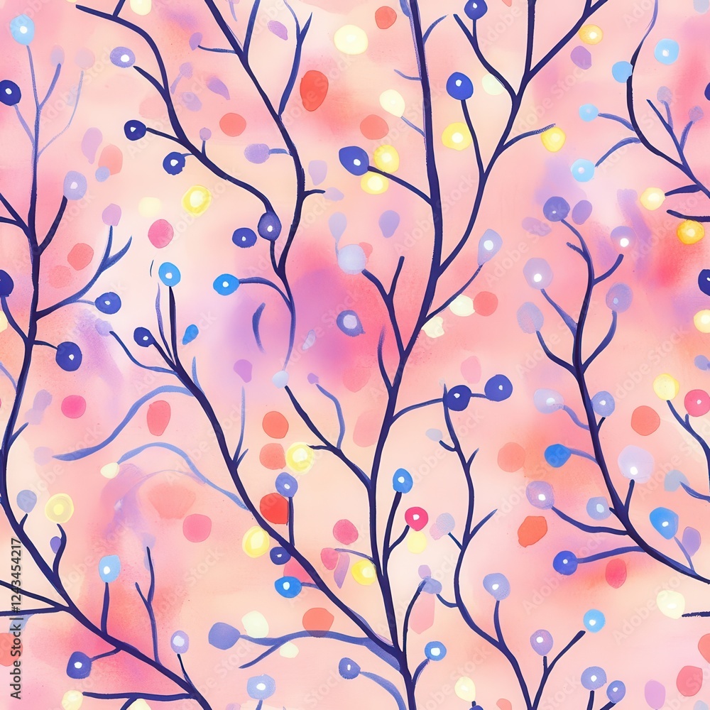 Poster Whimsical watercolor doodles of colorful branches and dots creating a vibrant floral pattern on a soft pink background