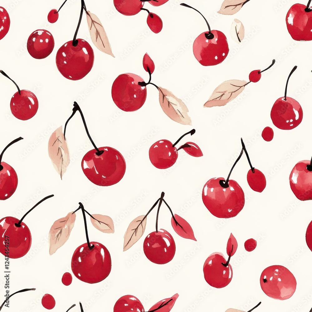 Poster whimsical watercolor doodle of colorful cherries against a light background with playful design elem