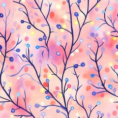 Whimsical watercolor doodles of colorful branches and dots creating a vibrant floral pattern on a soft pink background