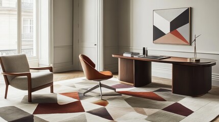 Sleek workspace featuring geometric rug and modern furniture in a bright, airy room with large windows