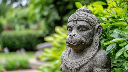 Obraz premium Stone Hanuman statue in lush garden
