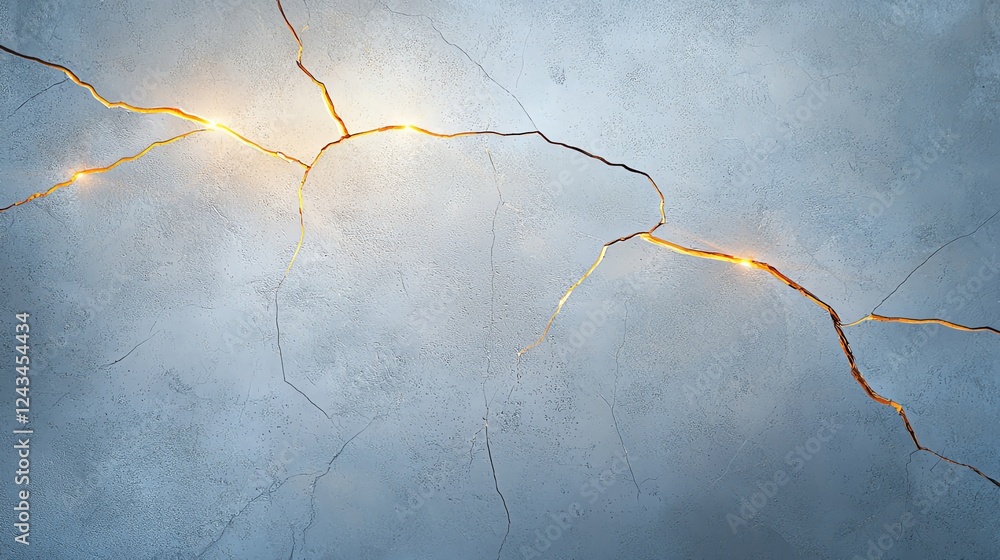 Poster a close-up view of a cracked wall with glowing fissures. the contrast between the dark crevices and 