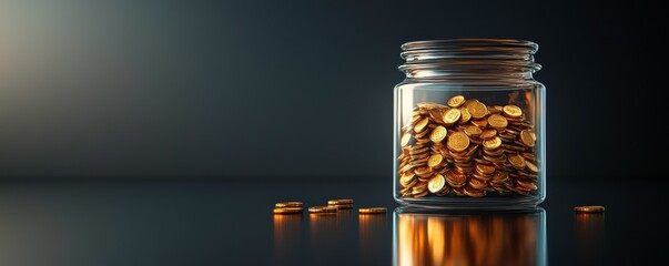 A glass jar filled with golden coins sits on a reflective surface, illuminated by soft light, conveying themes of savings and wealth.