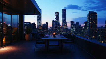 Obraz premium Minimalistic rooftop dining, city skyline illuminated in the distance-4