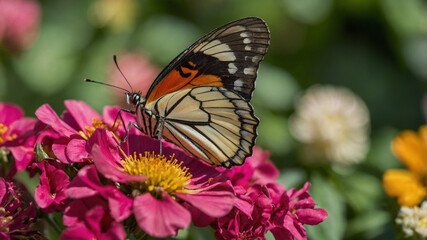 Monarch Butterfly Sipping Nectar from Vibrant Pink Zinnia Blossoms