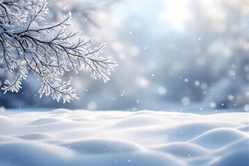 Fototapeta premium Snow-covered tree branches with frost details on a soft snowy ground, blurred background. Winter nature concept with snowfall and cold season atmosphere. Ai generative