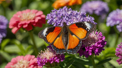 Monarch Butterfly on Colorful Zinnia Flowers in a Summer Garden