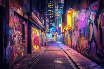 Fototapeta premium Night alleyway graffiti urban city nightlife background
