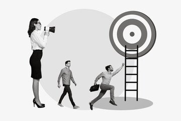 Creative artwork photo collage of business lady ceo entrepreneur talk loudspeaker boss colleagues...