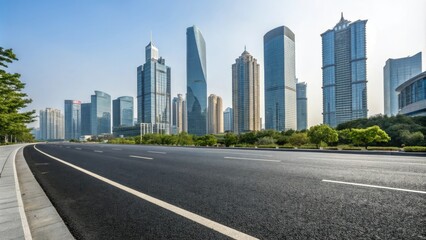 Wide asphalt road stretching through a modern cityscape with sleek skyscrapers and glass towers in the background, urban sprawl, cityscape, skyscraper, highway, modern city