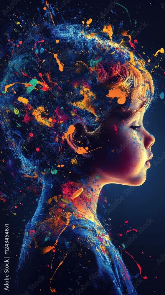 Poster vibrant profile of a child with colorful artistic expression captured in a creative visualization