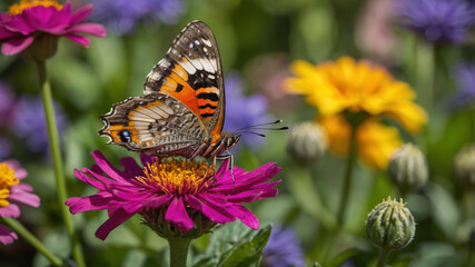 Painted Lady Butterfly Sipping Nectar on a Vibrant Pink Zinnia Flower