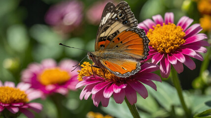 Monarch Butterfly Sipping Nectar from a Vibrant Pink Zinnia Flower in Garden