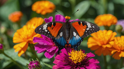Monarch butterfly resting on a vibrant Zinnia flower in full bloom