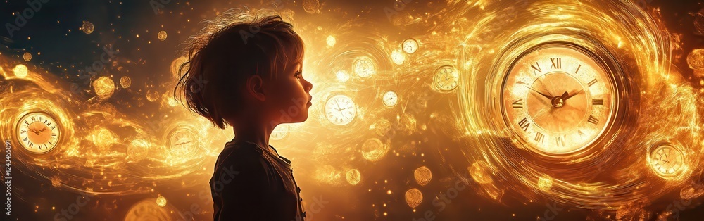 Poster child glowing with vibrant light and surrounded by swirling time elements in a captivating cosmic sc