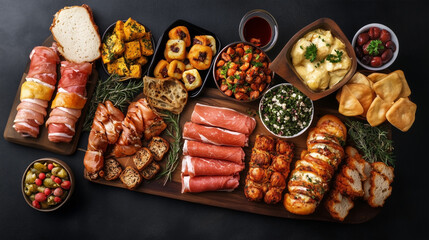 A table with a variety of food items including meat, bread, and vegetables