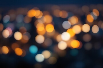 Obraz premium Abstract bokeh lights in warm yellow, orange, and white hues, scattered artistically on a blurred dark background. Concept of city nightlife. Ai generative