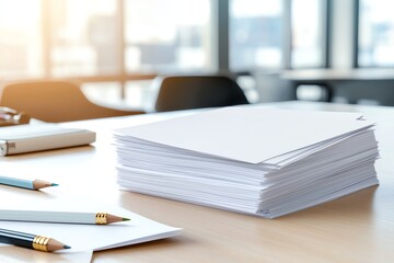 A close-up view of a stack of blank papers on a modern office table, with pencils and an open notebook, reflecting a productive workspace ready for creative ideas.