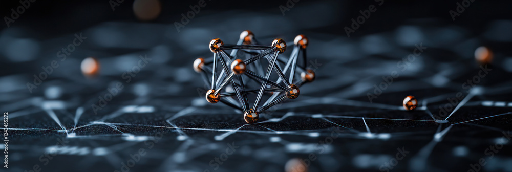 Poster metallic structure with orange spheres on network background