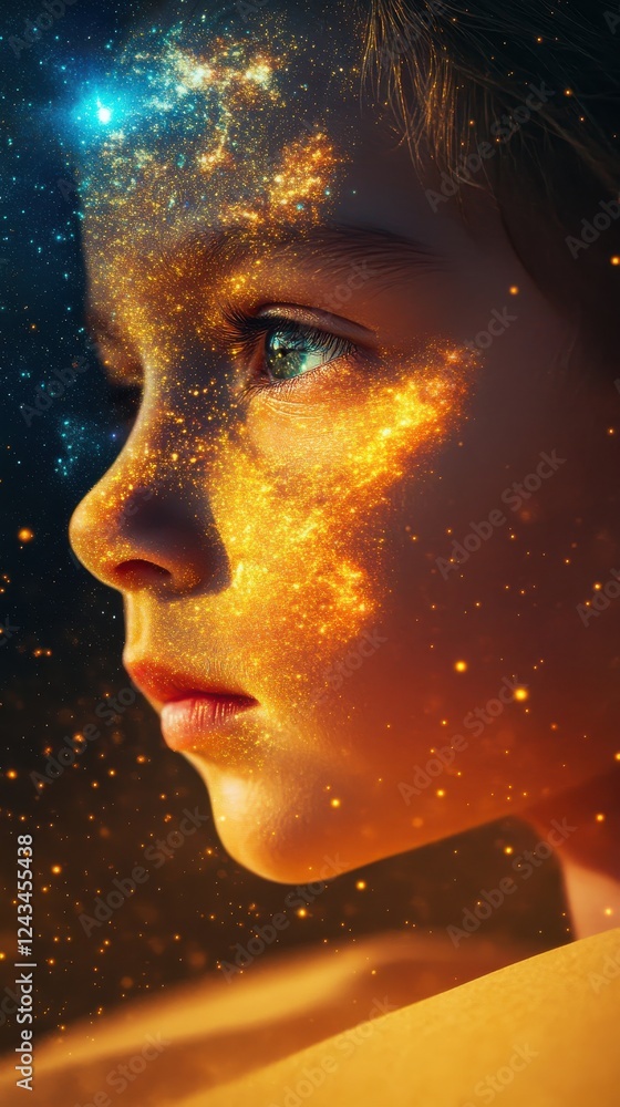 Aufkleber child's face illuminated with cosmic patterns, reflecting wonder and imagination in a surreal settin