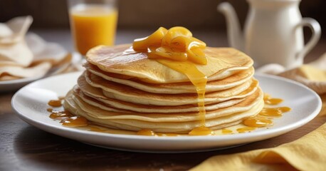 Thin crepes stacked high on a plate, topped with a drizzle of creamy honey, highlighting the beauty of a light breakfast option , stack, food