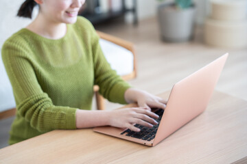 リビングでパソコンを使う若い女性